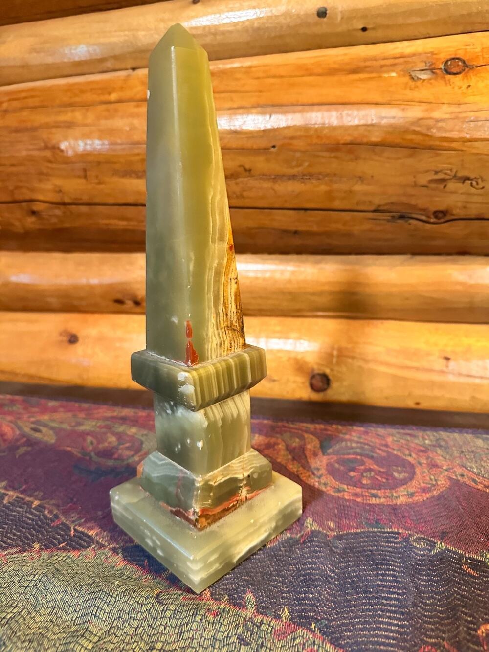 Neoclassical Solid Marble Onyx Green and Brown Obelisk 10" Pakistan Natural VTG